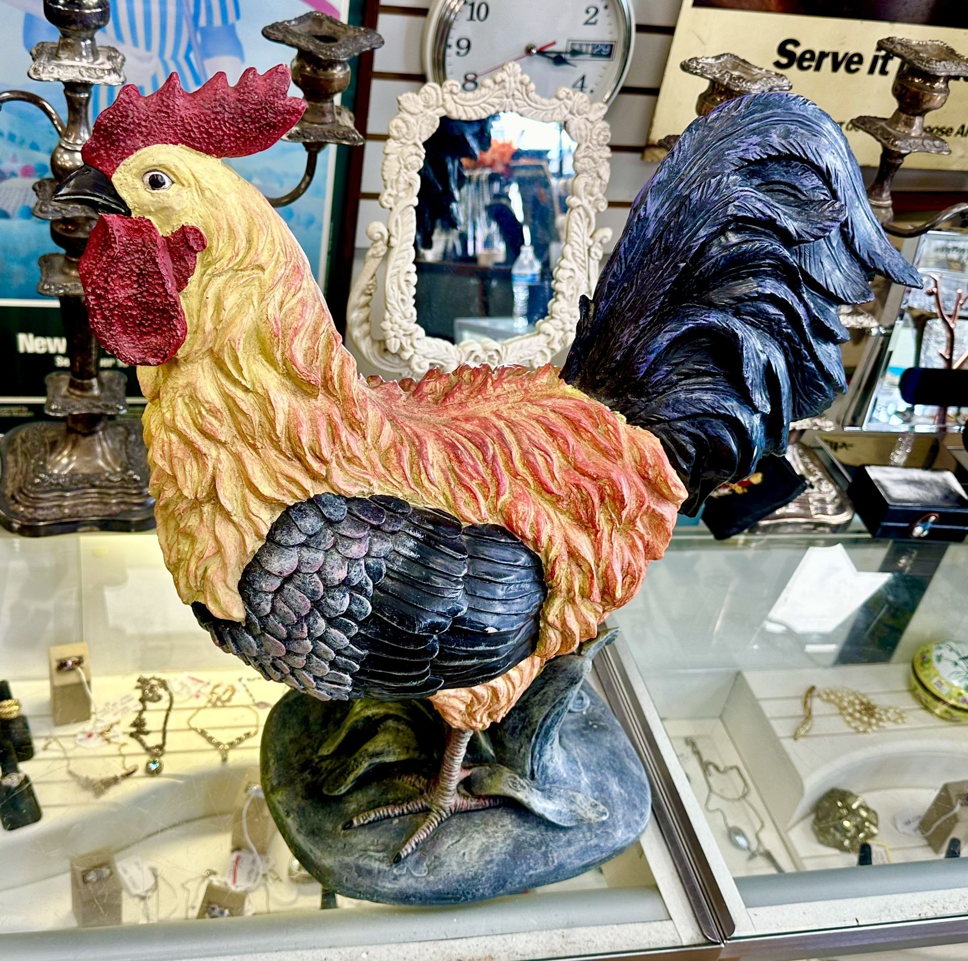 20” Huge Hand Painted Resin Vintage Country Rooster Statue Very Colorful