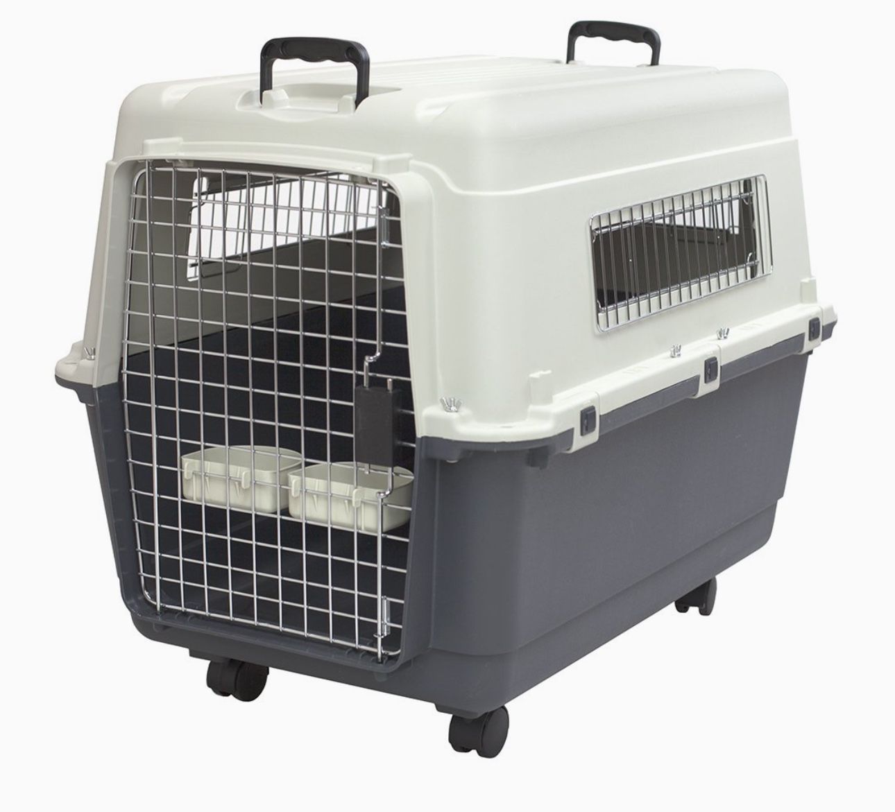Plastic Kennels Rolling Plastic Wire Door Travel Dog Crate- Large Kennel, Gray