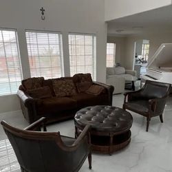 Beautiful elegant upscale luxury plush Sofa Ottoman And 2 Italian Leather Side Chairs
