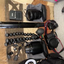 The Canon EOS 6D is a compact and lightweight (755 g) full-frame DSLR. It comes with two tripods, a small flashlight, a carrying case, and two new len