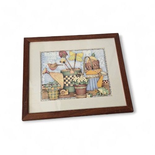 One Happy Day Framed Country Garden Watering Can Rustic Cottagecore Wall Art