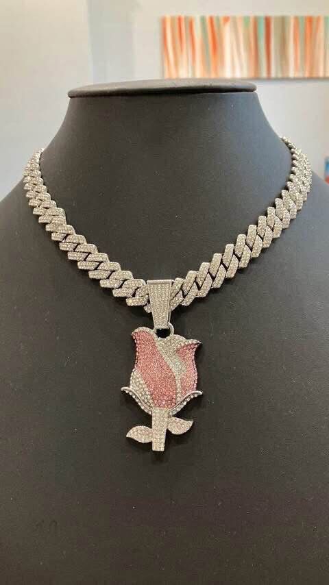 New Tulip pendant and curb chain, bling, paved Maybe a rose? Maybe A Tulip?