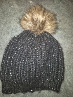 Black Knit Beanie With Faux Fur Pom Pom Handmade. Unworn