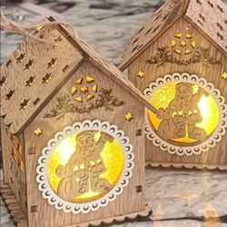 2pc wooden village santa house with light for hanging Decor Christmas Tree