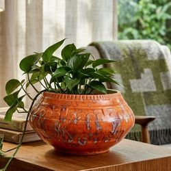 Vintage Mid Century Modern Orange Ceramic Bowl / Planter Atomic Retro Fat Lava Pottery Pot 