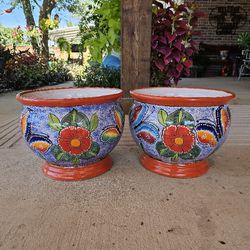 Talavera Orange Rim Butterfly Clay Pots. Planters. Plants. Pottery $55 cada uno