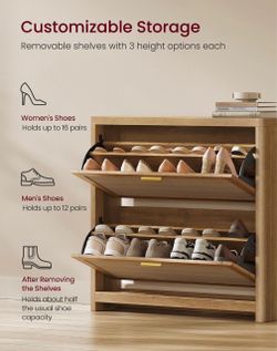 Boho Shoe Storage Cabinet for Entryway Slim, Entry Shoe Cabinet with Rattan-Look Flip Drawers, Rounded Corners, Narrow for Entrance, Natural Brown UHS