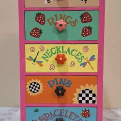 VINTAGE COLORFUL KIDS WOODEN JEWELRY DRESSER BOX 