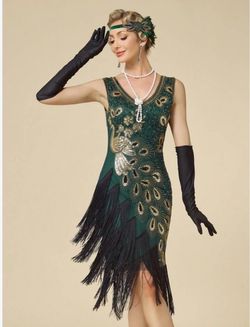 Green Sequin Fringe Flapper Dress Peacock costume Halloween size S-M-L