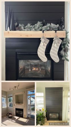 Rustic wood fireplace mantel beam