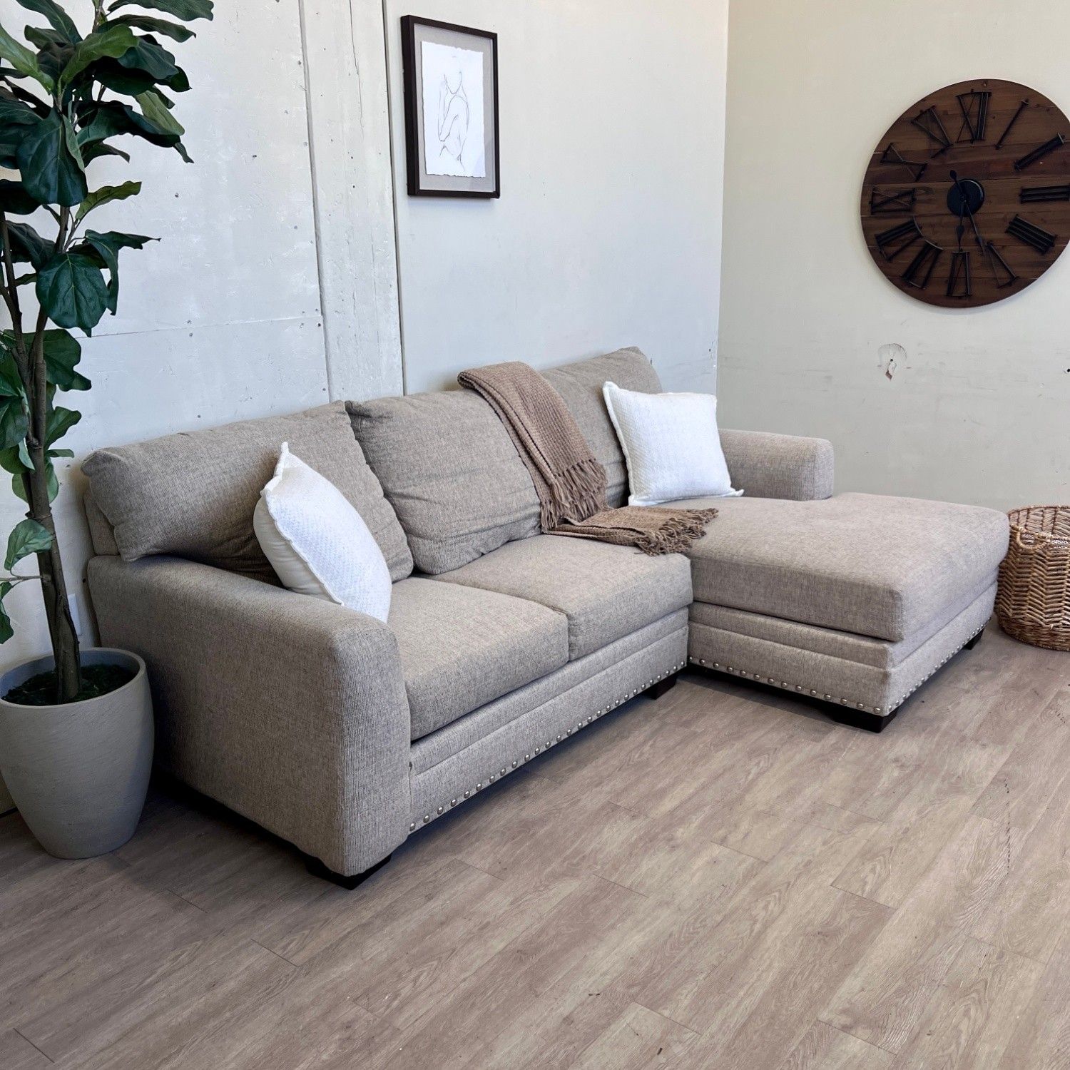 Fast Delivery Available — Bob's Furniture “Cottage Chic” Modern Deep-Seated 2pc Cream L Sectional Couch with Chaise