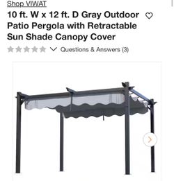VIWAT 10 ft. W x 12 ft. D Gray Outdoor Patio Pergola with Retractable Sun Shade Canopy Cover