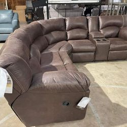JH-$49 Down Payment For Financing Tambo Canyon Brown Leather Manual Reclining Sectional Couch 