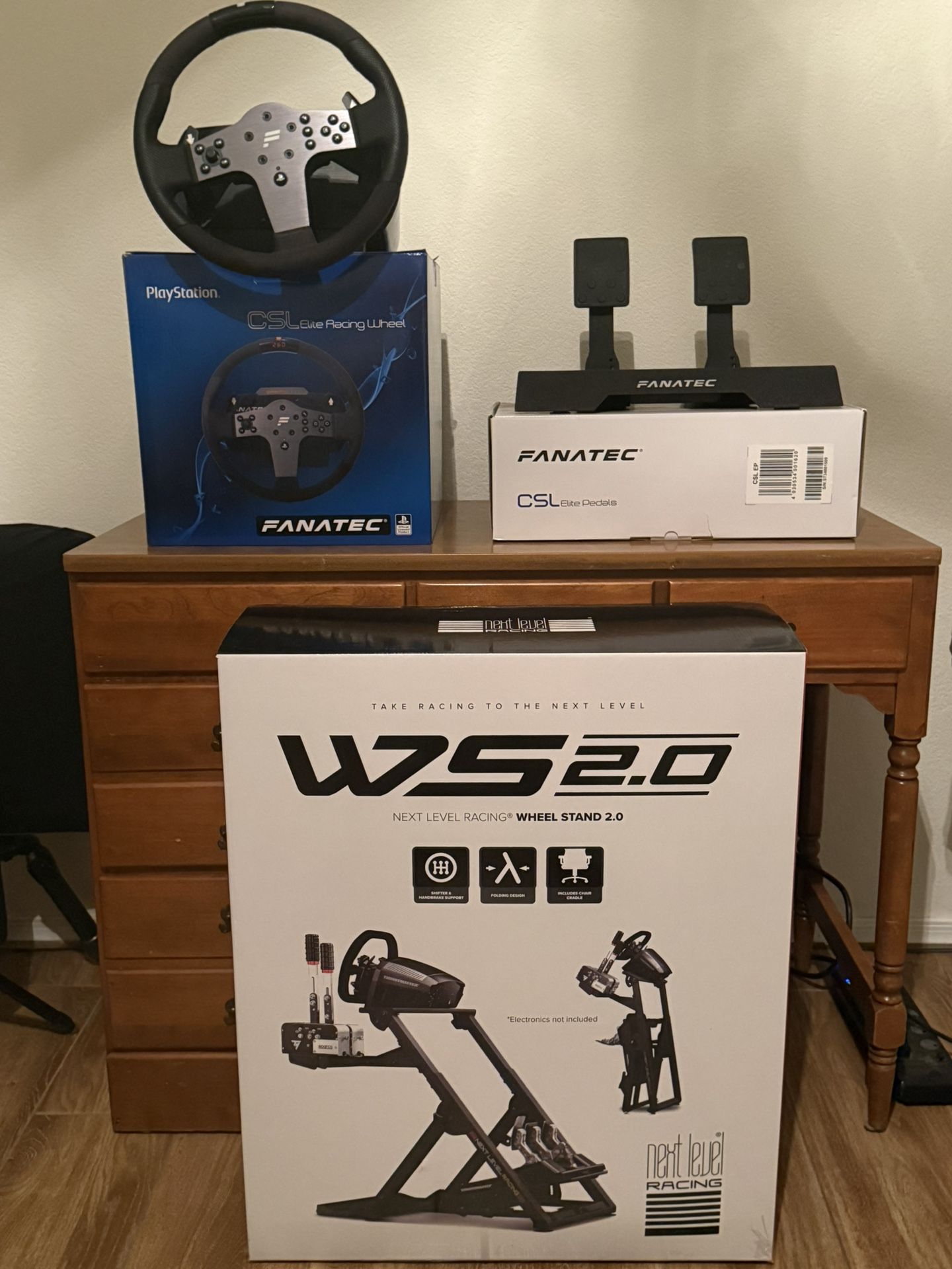 Fanatec CSL Elite Wheel And Pedals with New In Box Next level 2.0 Racing Stand For Sim Racing