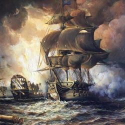 The Battle of Trafalgar by Henry D. Ramirez Oil on wood framed 16 × 12 in