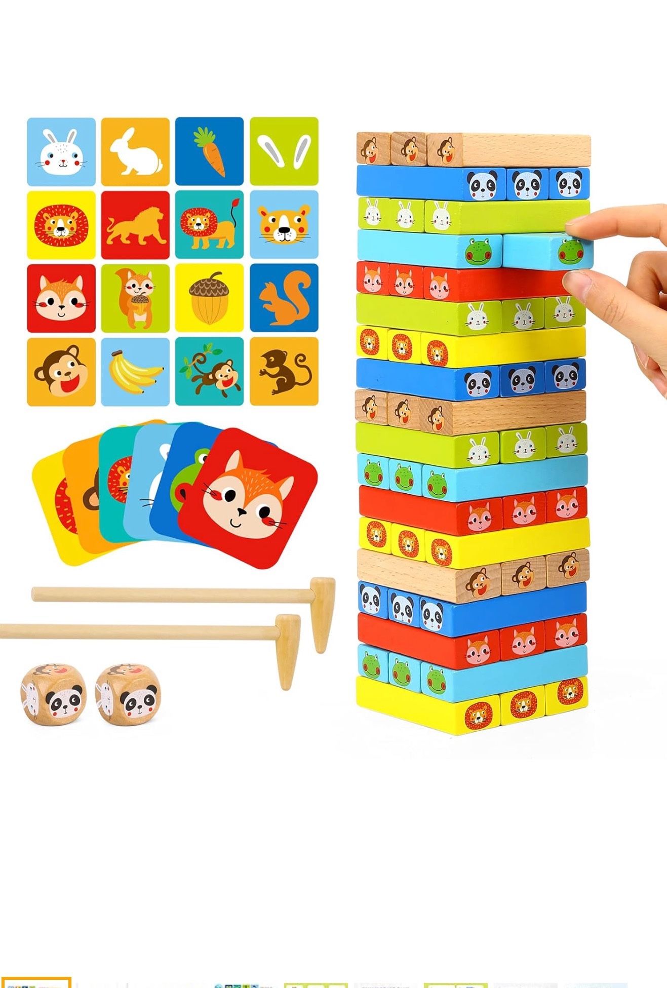 TOOKYLAND Colored Wooden Blocks Stacking Board Games Tumble Tower Games with Animal Pictures for Kids Boys Girls - 80 Pieces