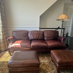 Antique Leather Studded 3-Seater Couch + 2 Ottomans (Bloomingdale’s)