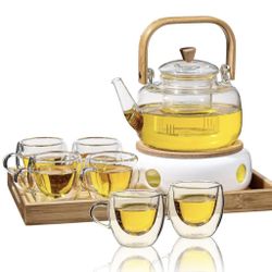 Sliner 9 Pcs Tea Set Glass Teapot, 33.8 oz Clear Glass Tea Kettle with Infuser 6 Pcs Insulated Cups Ceramic Teapot Warmer Wooden Bamboo Serving Tray(D