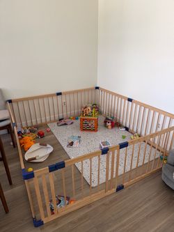 Large Wooden Baby Playpen with Blue Connectors