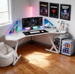 🔥🎮Gaming Desk Multi-Colored LED Lights, Mobile Cart for Computer Storage, Granite Design