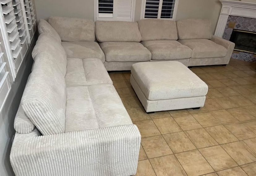 New 7 Piece Corduroy Sectional.  Off White/Beige.  127x164x66.  Free Delivery!