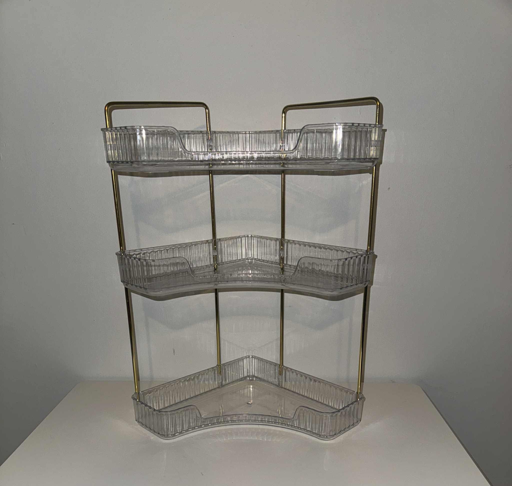 3 tier Clear Acrylic Corner Shelf with Gold Frame