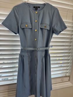 BCBG Denim Crew Neck Short Sleeve Button Front Pleated Hip Belted Mini Shirt Dress
