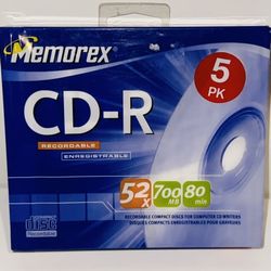 Memorex CD-R 52X 700 MB 80 Min 5 Pack New in Plastic