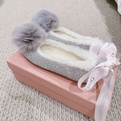 UGG Fluffy Crystal Bling Ansley Moccasins Flat Slippers Loafers - Sliver Grey