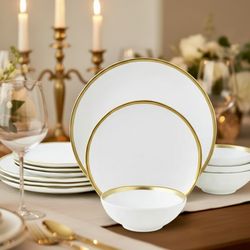 12 Piece Porcelain Dinnerware Set White Gold Plates Bowls Dishes Oven Dishwasher Safe 