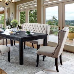 Rustic Antique Black Dining Table Set 84” Long With Loveseat Bench & 4 Chairs