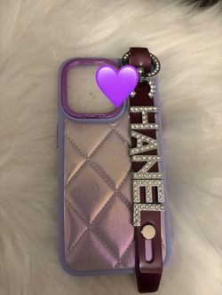Purple Quilted iPhone 15 pro Case with Wrist Strap