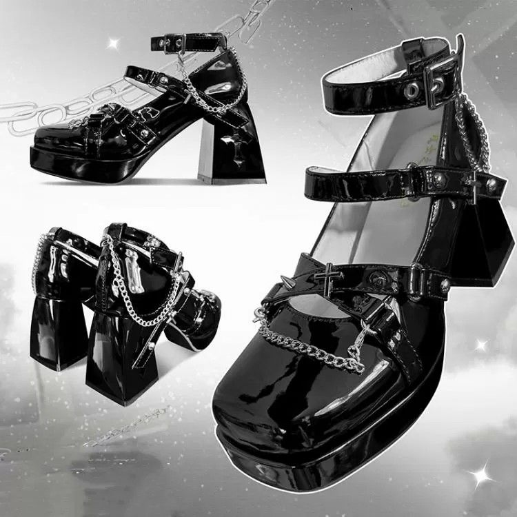 Silver Studs Iron Chain Cross Black Shoes Heels ZAPATOS TACONES MUJER NINA GIRL WOMAN CRUZ
