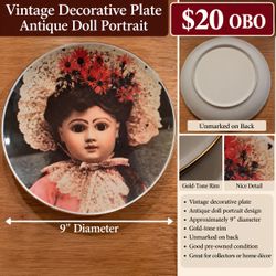 Vintage Antique Doll Portrait Decorative Plate – 9" Gold Rim