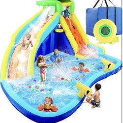 ROOJER Inflatable Water Slide Park for Kids Backyard 8-in- 1 Blow Up Crocodile Spray Slide with 450W Blower, Splash Pool, Climbing Wall, Water Cannon,