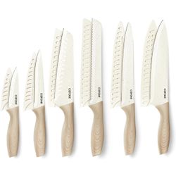 CAROTE 12PCS Knife set with Blade Guards,Granite Nonstick Ceramic Coating,Stainless Steel blade, Wooden Handle, Essential knife set,White