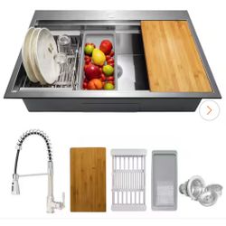 Handmade All-in-One Drop-in Stainless Steel 30 in. x 22 in. Single Bowl Workstation Kitchen Sink with Spring Neck Faucet