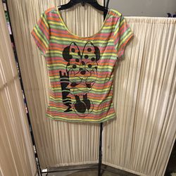 Neon Striped Minnie Mouse Short Sleeve Shirt Large