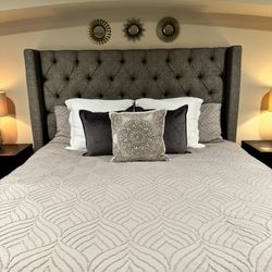 Upholstered King Bed Frame w/ 2 Nights & 1 Dresser