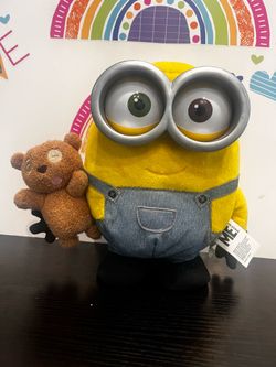 MINION TALKING BOB WITH HIS TEDDY! TALKS AND CHEEKS LIGHT UP!  Large 10 by 8 INCH