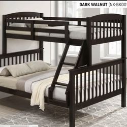  Twin/full bunk bed. Merlot(dark cherry)& Dark brown(dark walnut). $299 with out mattresses. $525 with mattresses. Assembly required. Assembly not inc