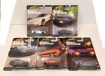 Hot Wheels Premium Fast & Furious Set - Mazda RX-7 FD, 1966 Chevy Impala, Alfa Romeo Giulia Sprint GTA, 2020 Dodge Charger Hellcat, and Nissan Skyline