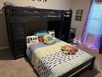Deep Brown L-Shaped Bunk Bed with Dresser