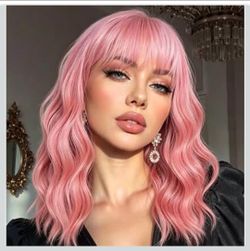 Pink Short Bob Wavy Wig with Bangs for women (14 Inch) Soft and No tangle, Heat resistant fiber under 248℉,Shoulder Length Wigs for Halloween,Cosplay,