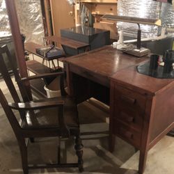 Desk 1940’s Secretary Desk   Hardwood , Hardwood Chair, And Desk Lamp