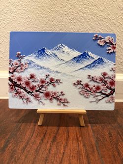 Cherry Blossoms Over Snowy Mountains – 3D Art