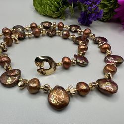 NEW Chocolate brown baroque coin pearl choker, AAA quality freshwater, 18K gold plated toggle