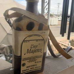 Vintage Tres Mujeres Tequila Bottle w/ Leather & Spout – Rustic Bar Decor
