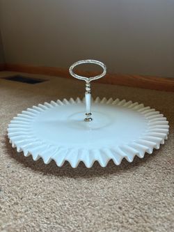 Vintage White Milk Glass Serving Tray with Handle – 14”