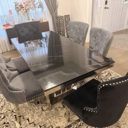 Luxury Black & Gray Velvet Dining Table Set